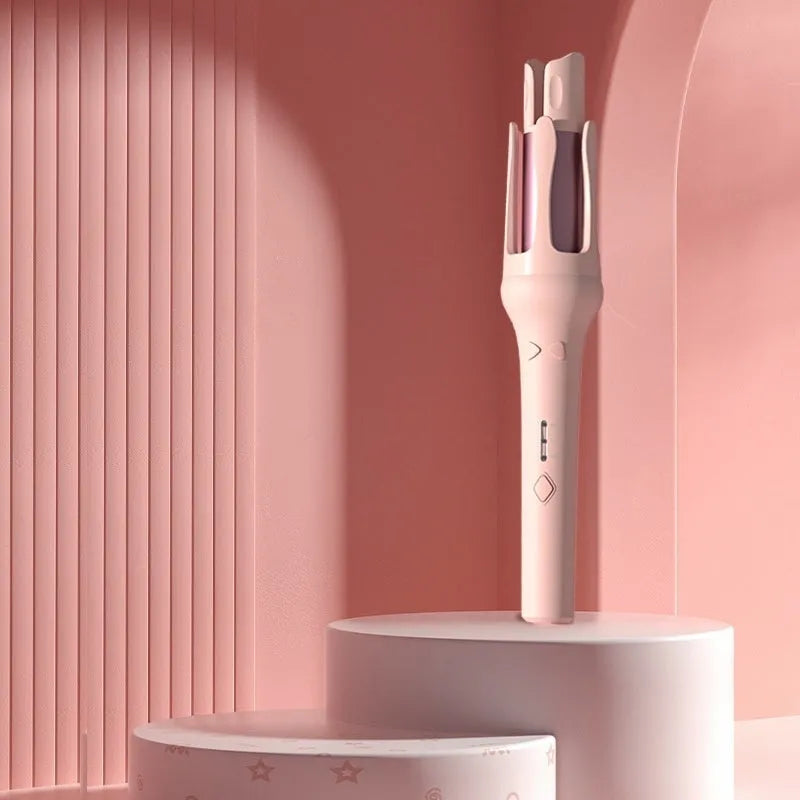 White and pink automatic hair curler with a rotating 32mm ceramic barrel and digital temperature display.