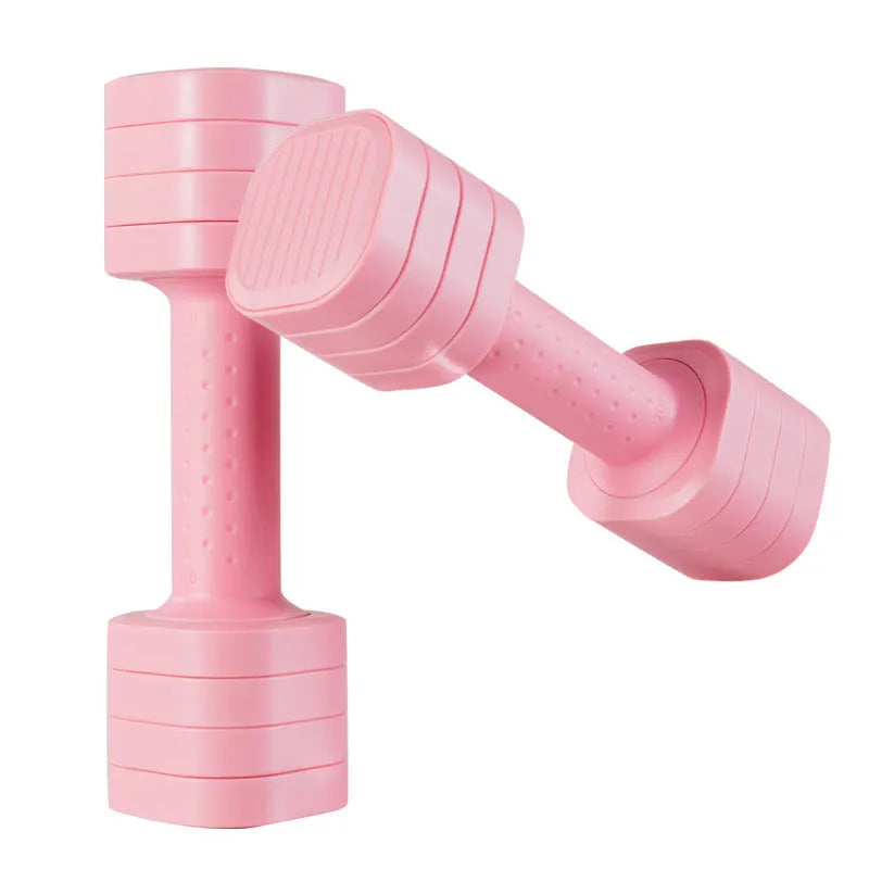 Set of pink and blue detachable 5lb dumbbells for women's fitness on a grey background.