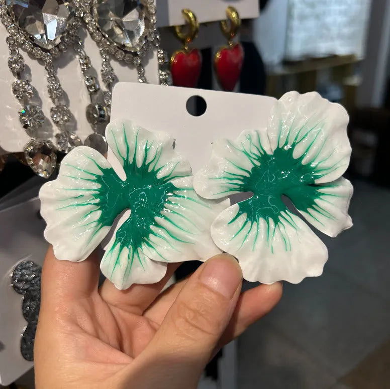 Alloy flower stud earrings with oil-spot glaze finish in pastoral European-American style