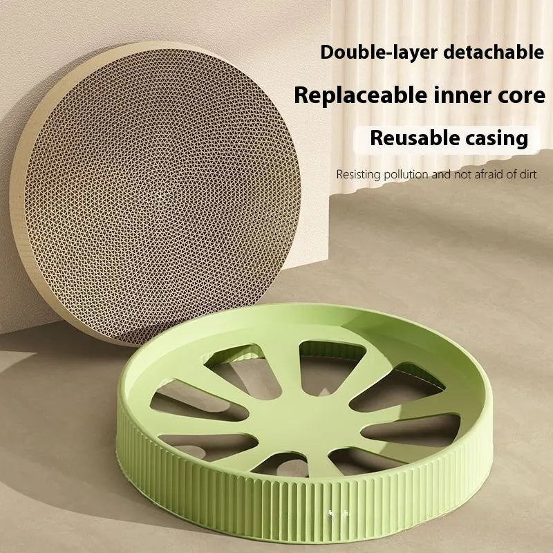 Round green cat scratching board with corrugated paper surface, 55cm diameter with replacement pads