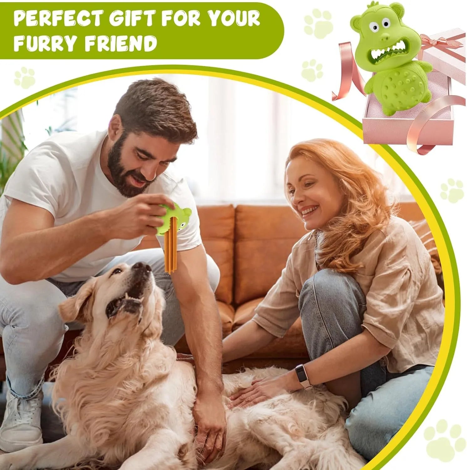 Green and yellow natural rubber squeaky dog chew toy for large dogs.