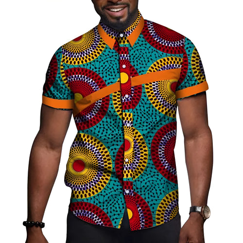 African men cotton printed short sleeve T shirt colourblock lapel collar fitted leisure top