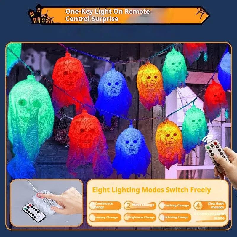 Battery-powered Halloween coloured LED string lights for indoor wall decoration.