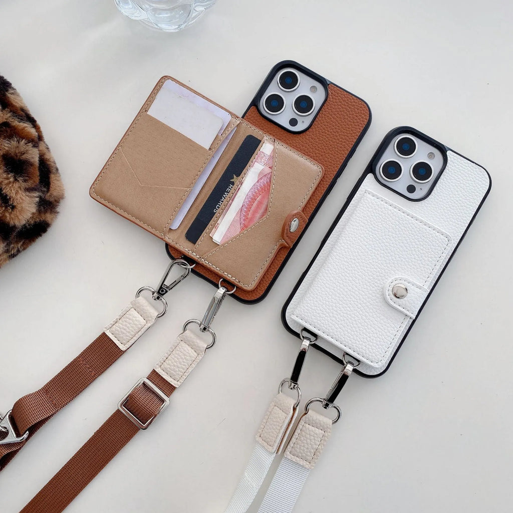 Black card holder lanyard phone case for iPhone showing integrated card slots on back and adjustable neck strap.