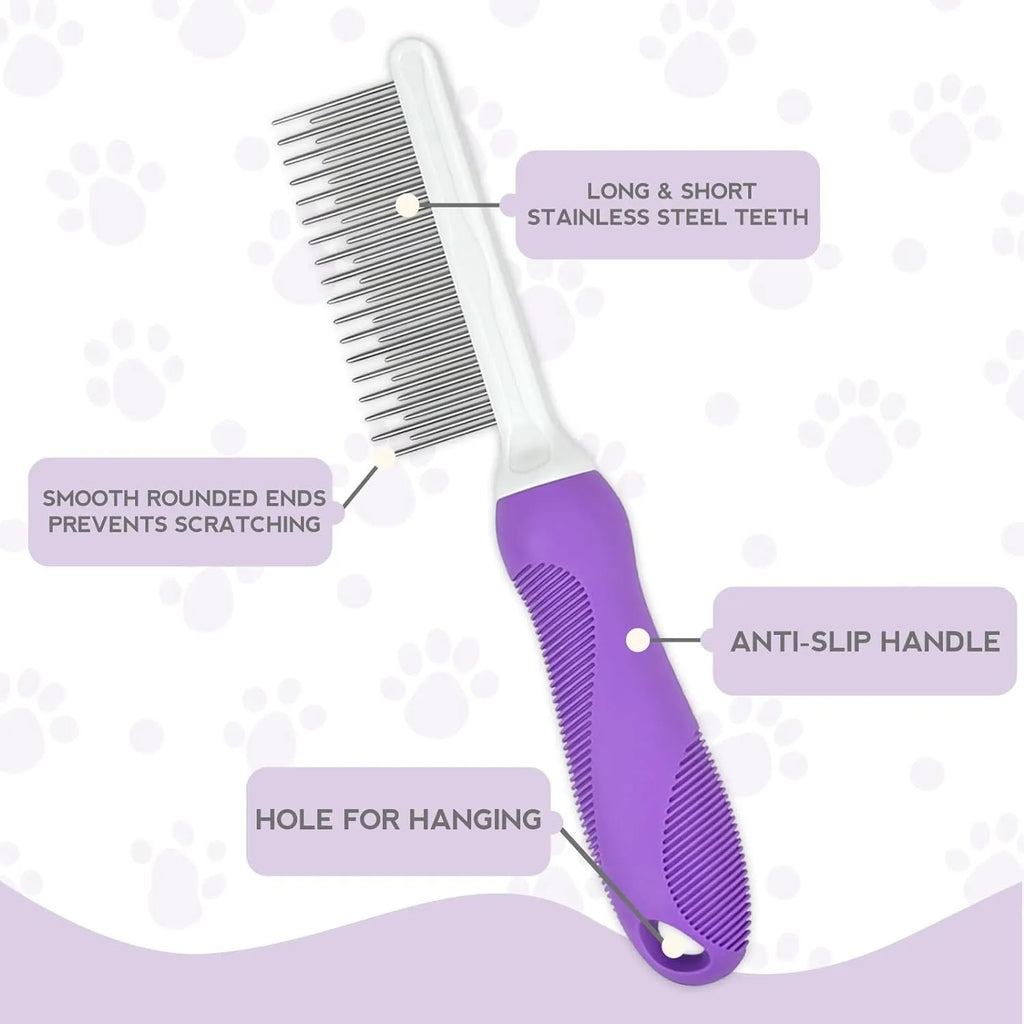 Purple pet grooming comb with stainless steel long and short teeth and an ergonomic handle.