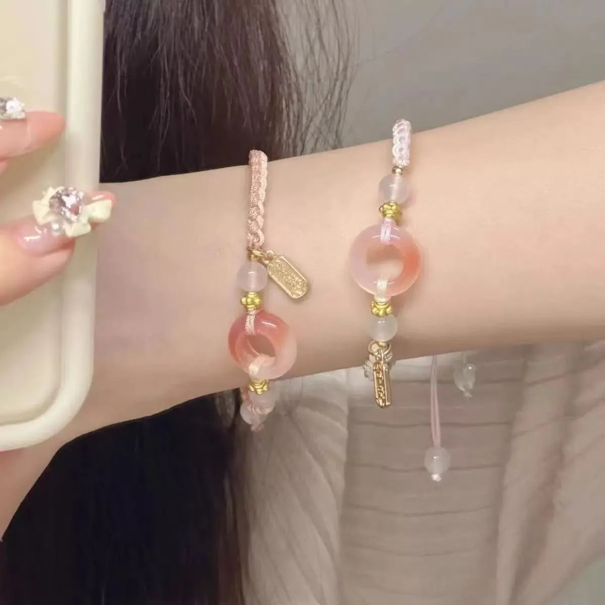Women's woven watch band with peace buckle couple bracelet in peach blossom colours