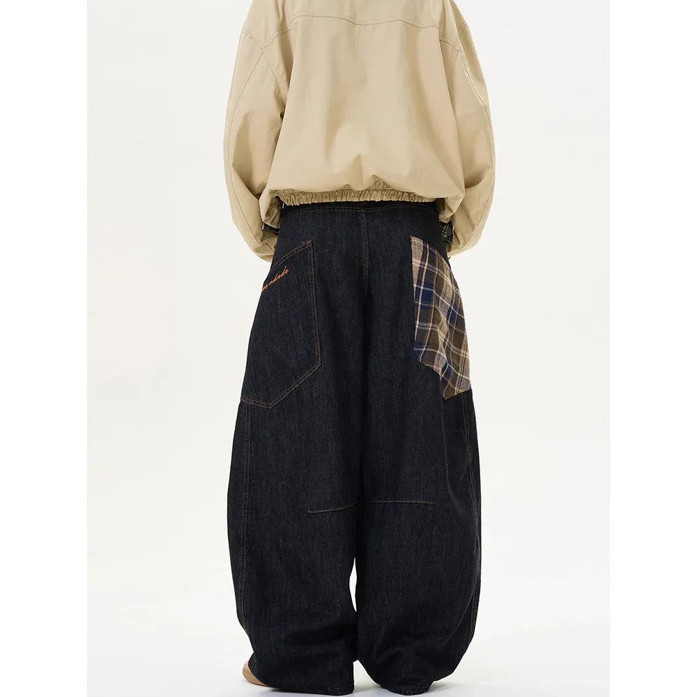 Straight-leg loose casual trousers in red plaid pattern on a mid-waist.