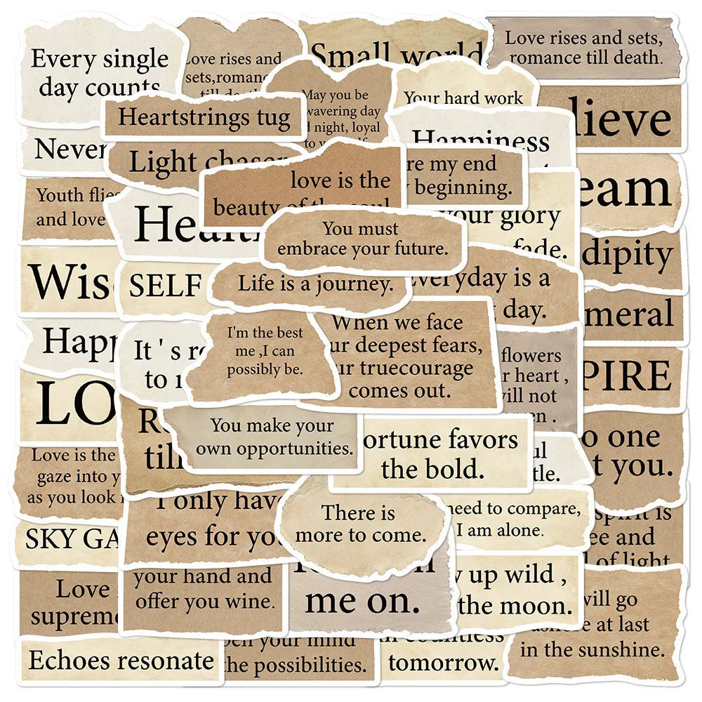 Pack of 25 torn English design decorative stickers for laptops and notebooks.