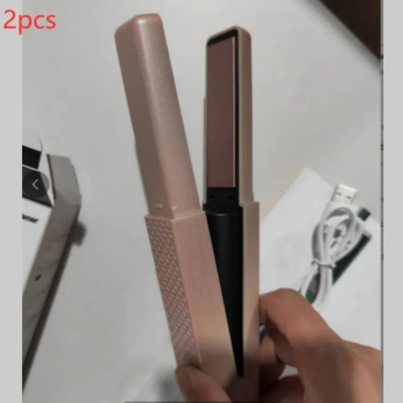 Pink and green cordless USB hair straightener with ceramic plates and digital temperature display.