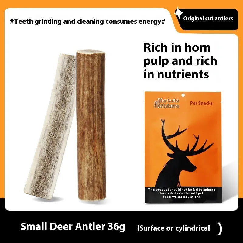 Natural antler dog chew in small, medium or large size – bite-resistant dental snack for teeth cleaning.