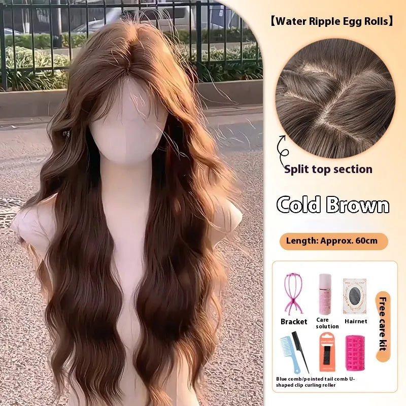 Long curly synthetic wig with side-swept bangs in cold brown colour