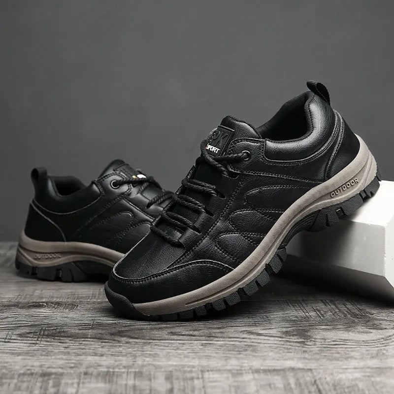 Men's winter boots warm leather shoes black artificial PU upper rubber sole thick plush lining