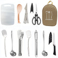 Khaki portable picnic bag unrolled to show 12 stainless steel cutlery pieces.