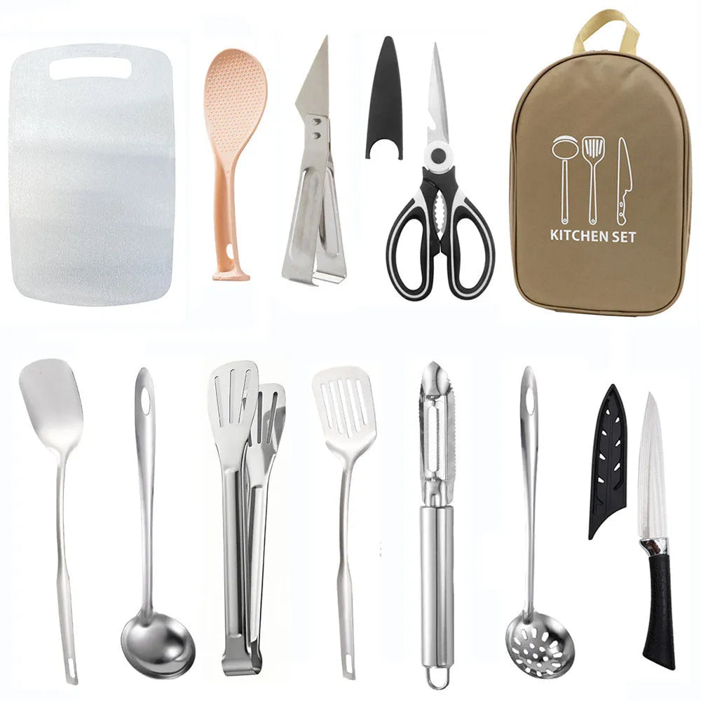 Khaki portable picnic bag unrolled to show 12 stainless steel cutlery pieces.