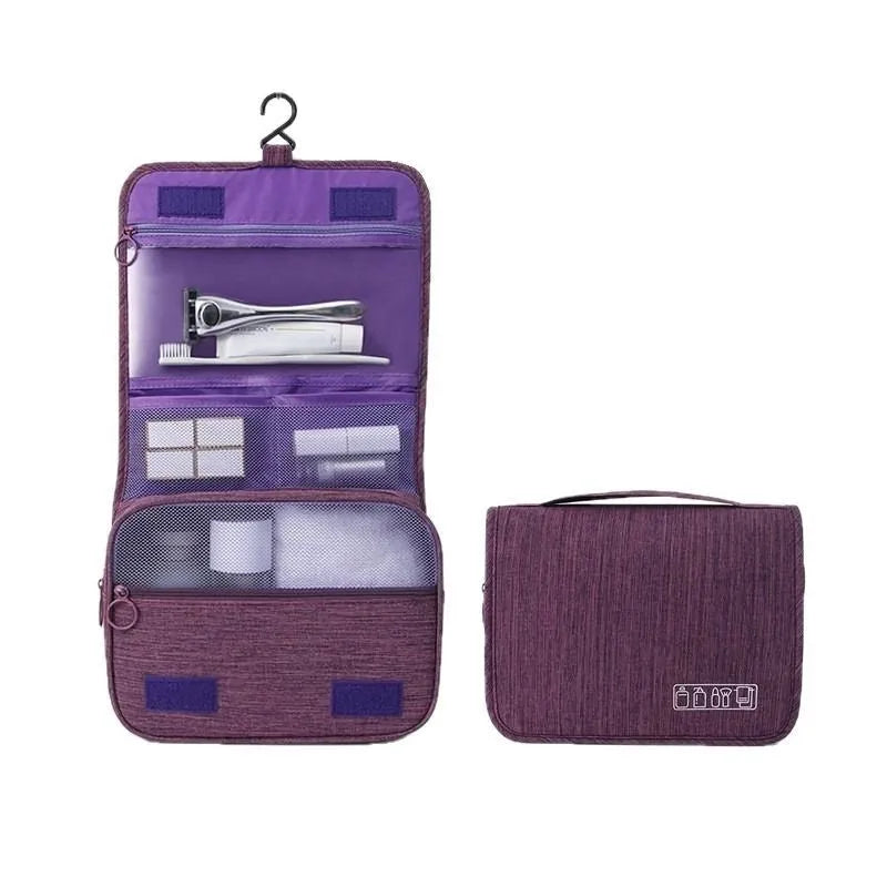 Cube-shaped cationic hanging toiletry bag in gray with metal hook, matte finish, and dry-wet separation compartments