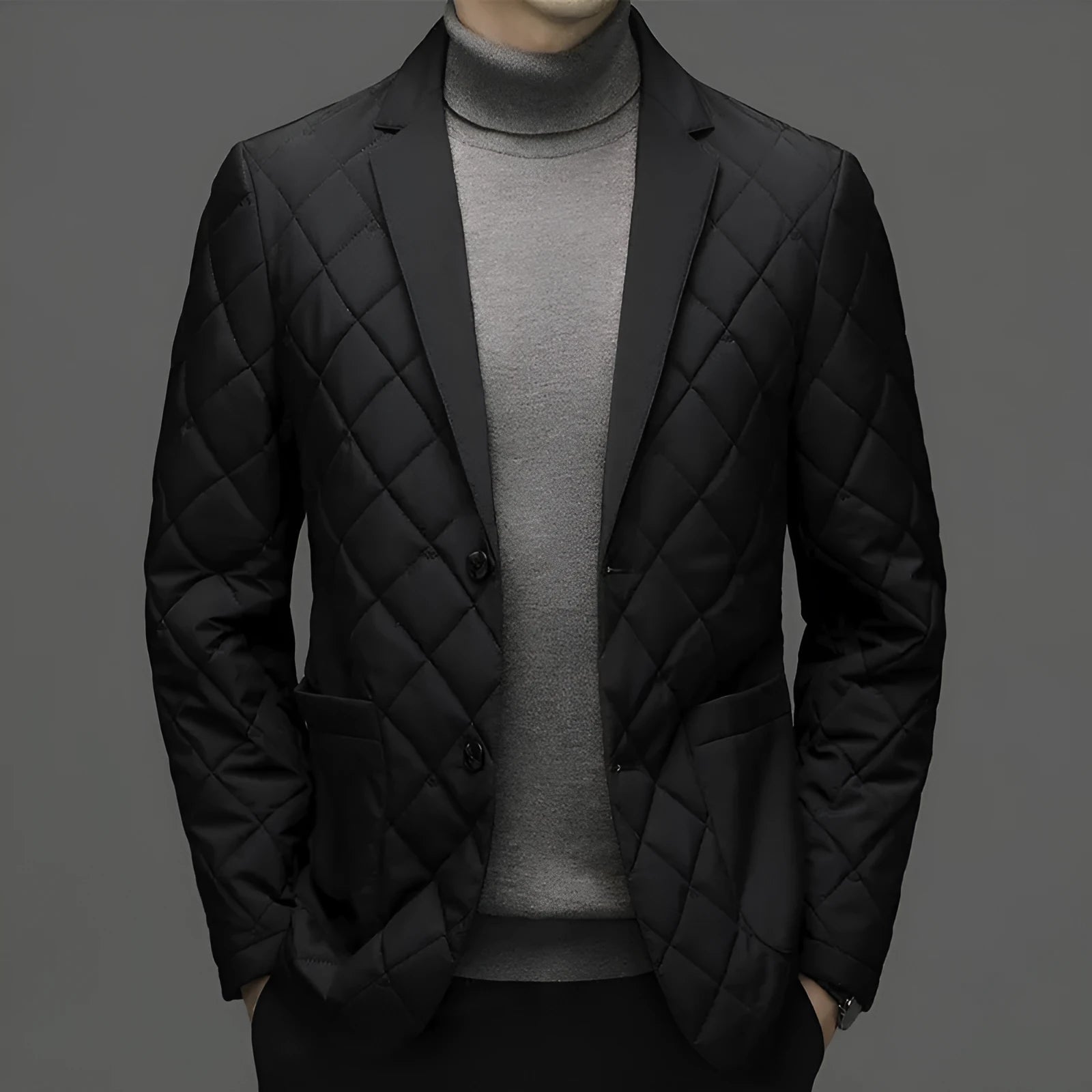 Men's solid colour thick down winter jacket with lapel and side pockets