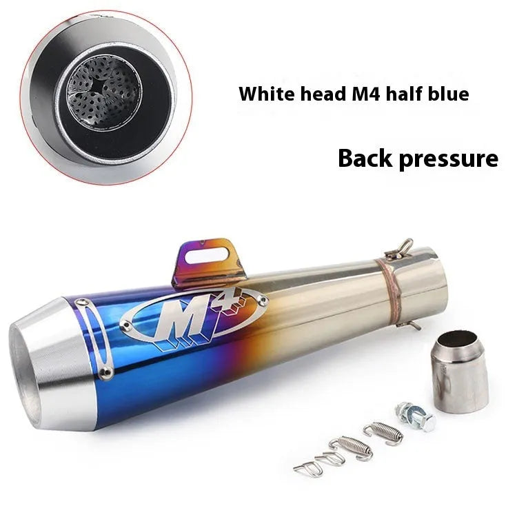 M4 universal motorcycle exhaust pipe in black, titanium, and blue finishes shown on a large displacement bike.