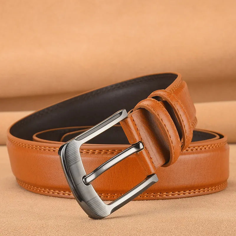 Men's genuine two-layer cowhide pin buckle belt with alloy buckle, in black, brown or orange, 110-125cm.