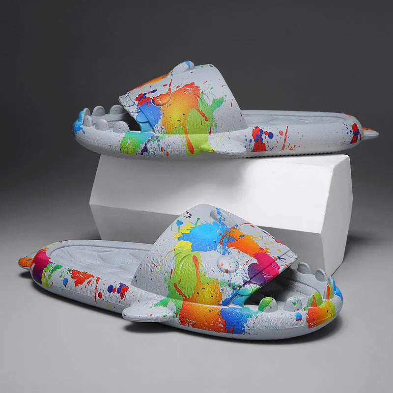 Shark-themed couple EVA slippers in open-toe style on a colour selection background.