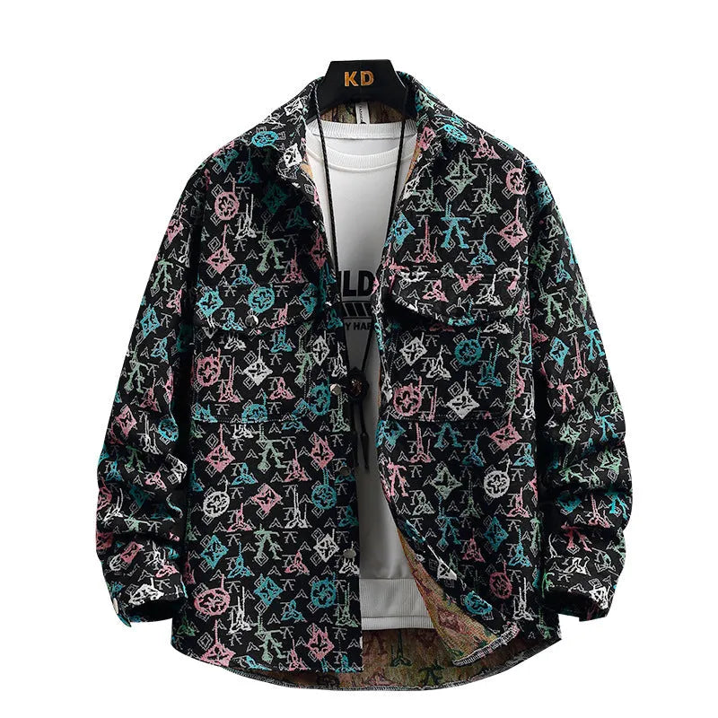 Personality casual lapel shirt coat in a colour option, shown with long sleeves and straight hem.