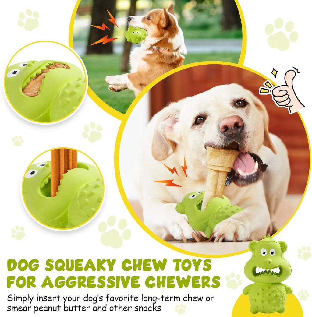 Green and yellow natural rubber squeaky dog chew toy for large dogs.