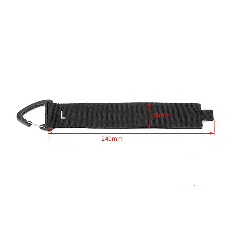 Black adjustable heavy-duty storage strap with gravity climbing button and silver D-ring carabiner hook.