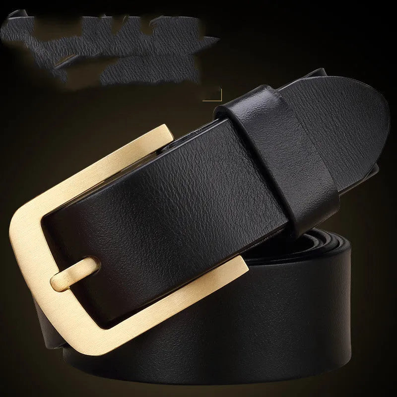 Men's retro leather belt with brass pin buckle in black colour plain surface