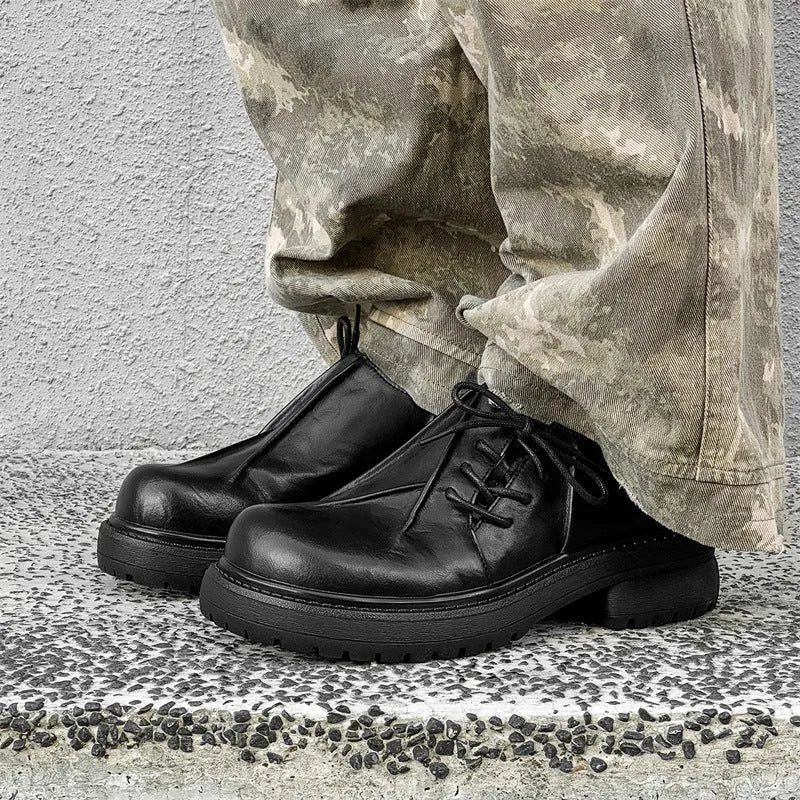 Black leather platform shoes with round warped head toe and height increasing insoles