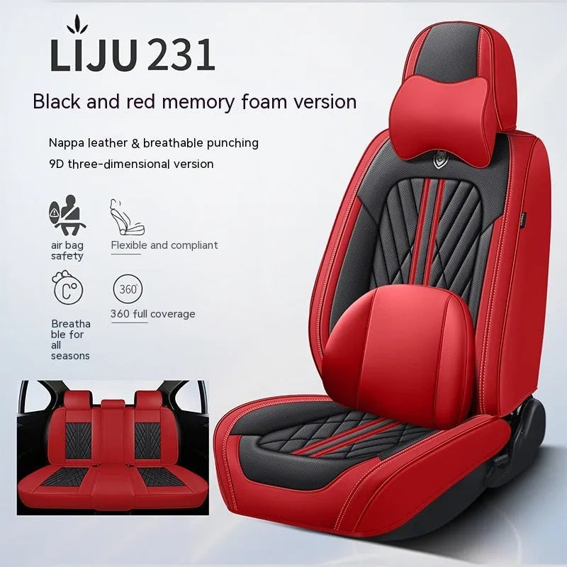 Five-piece leather car seat cushion set in various colour options including striped patterns