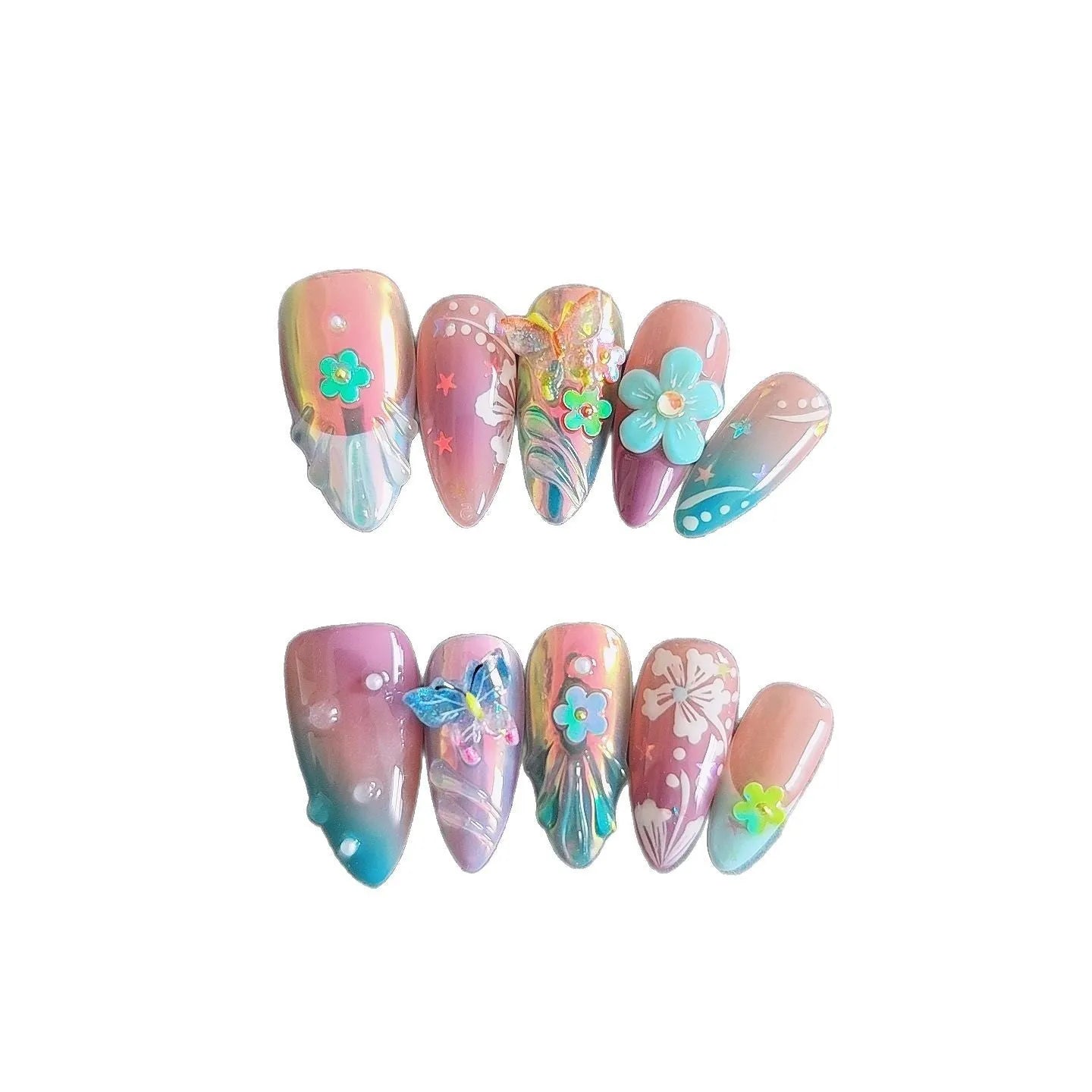 Handmade nail art stickers with colourful floral and butterfly embossed designs