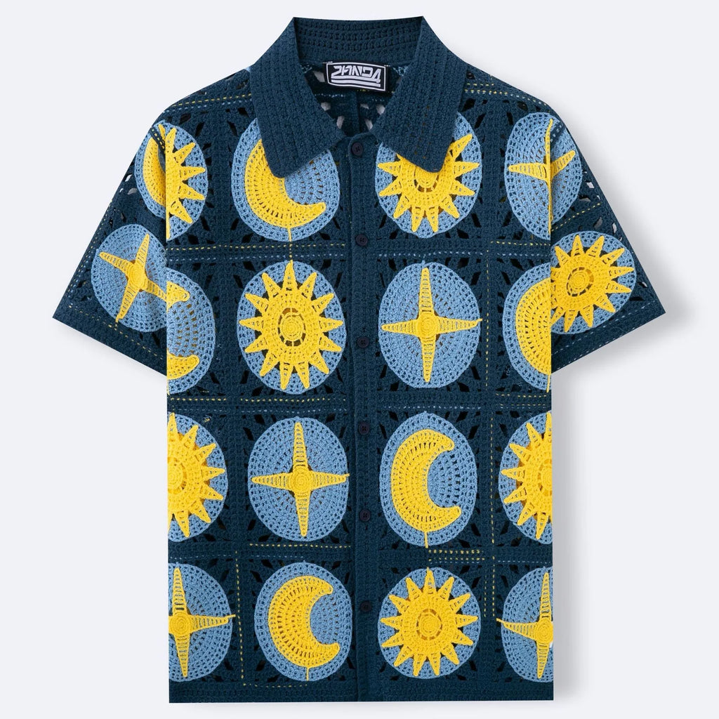 Men's navy blue short-sleeved cardigan with a cartoon flocking pattern on the front.