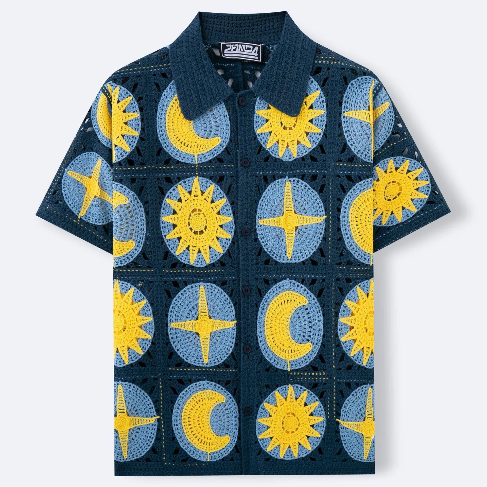 Men's navy blue short-sleeved cardigan with a cartoon flocking pattern on the front.