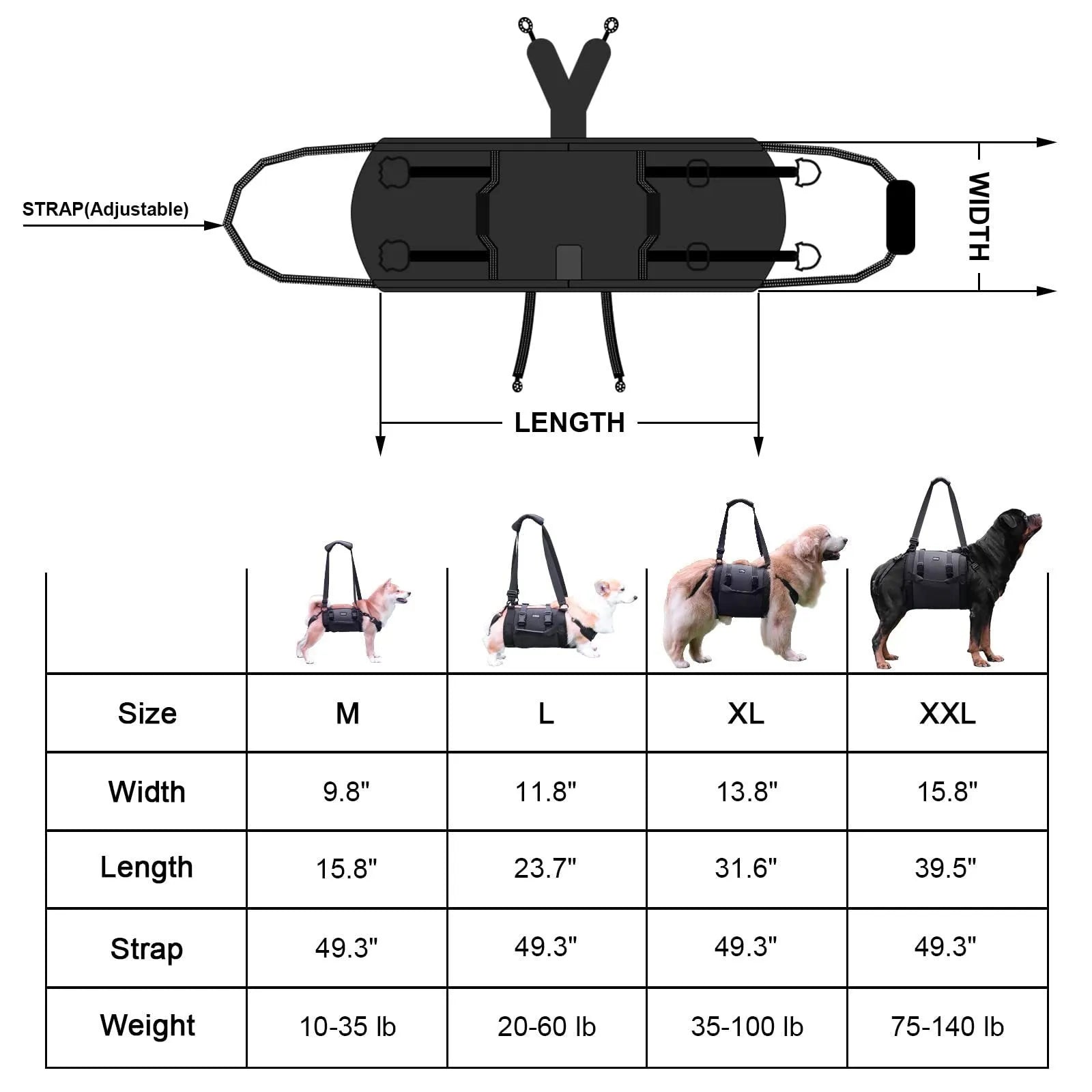 Black Oxford cloth dog rehabilitation harness with adjustable chest strap for leg support