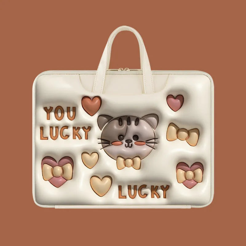 Inflatable laptop bag in PU leather with hanging strap, showing cute panda design for 13-15.6 inch laptops