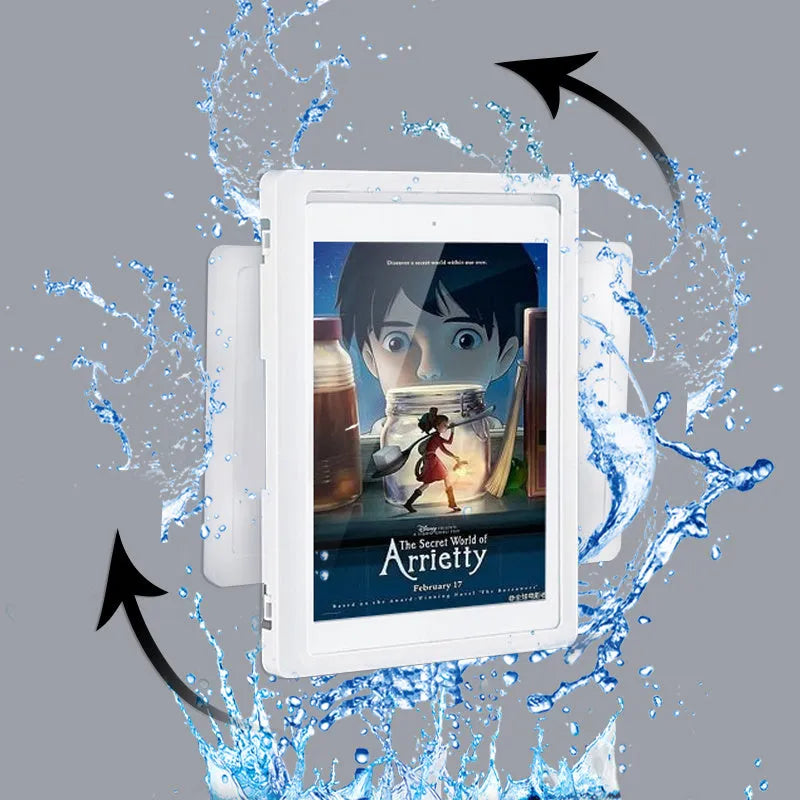 White waterproof phone holder mounted on tile with phone inside showing touch screen and anti-fog window.