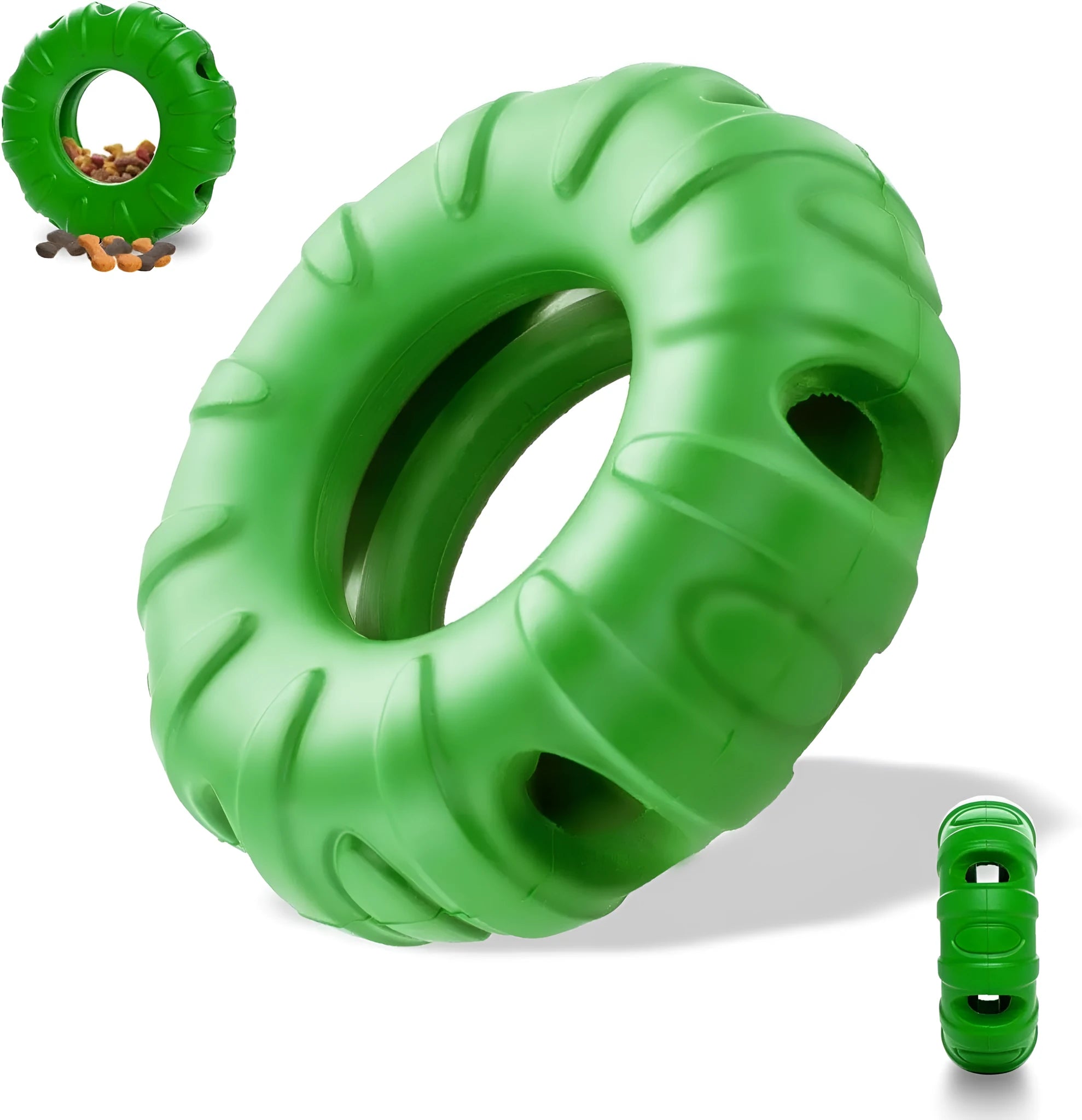 Blue, green, and red natural rubber tyre-shaped dog chew toy with oval openings for treat dispensing.