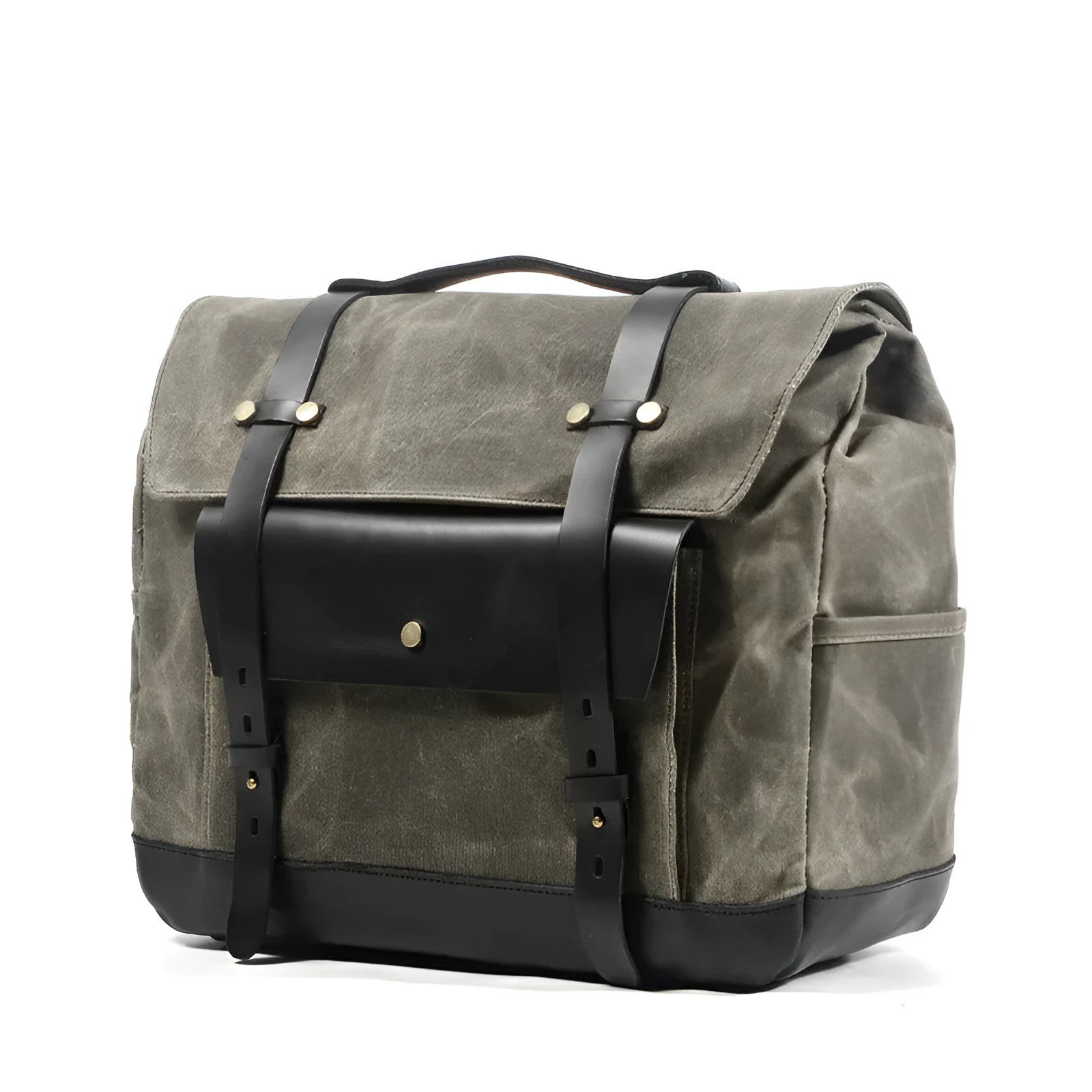 Camel Bag Knight cotton messenger bag in army green with rivet details, showing internal zipper and phone pockets.