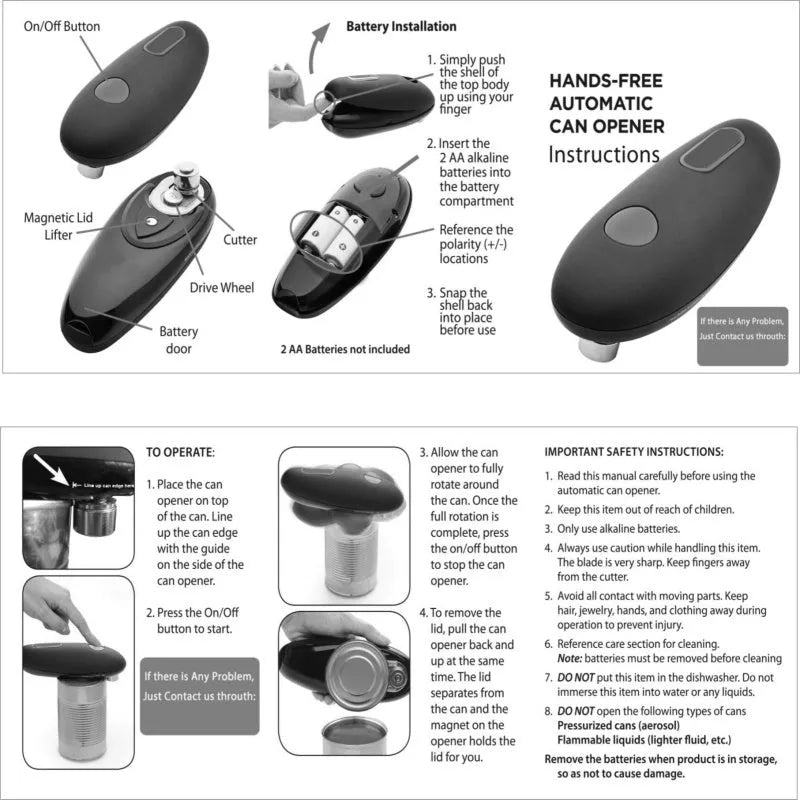 Black electric can opener with one-touch operation for battery-powered kitchen use