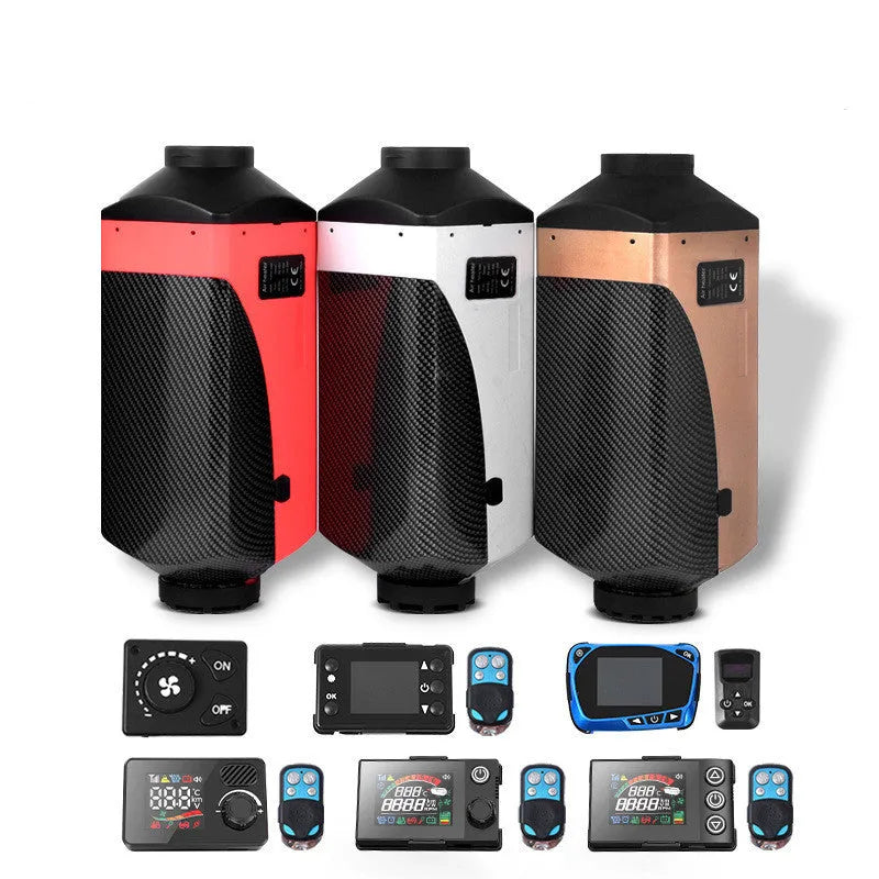 Red and black diesel air heater unit with fuel tank, pipes, and installation kit for trucks and motorhomes.