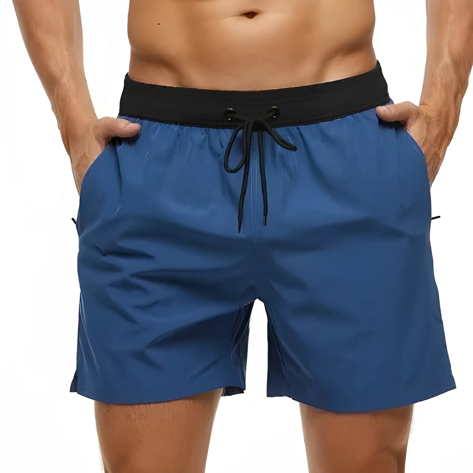 Men's blue athletic shorts with a stitching waistband, drawstring, and headband pocket.