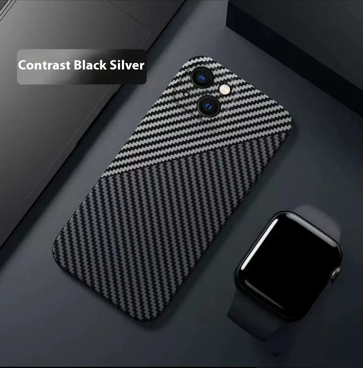 Carbon fiber phone case with drop resistance and heat dissipation for iPhone, black and gray colour