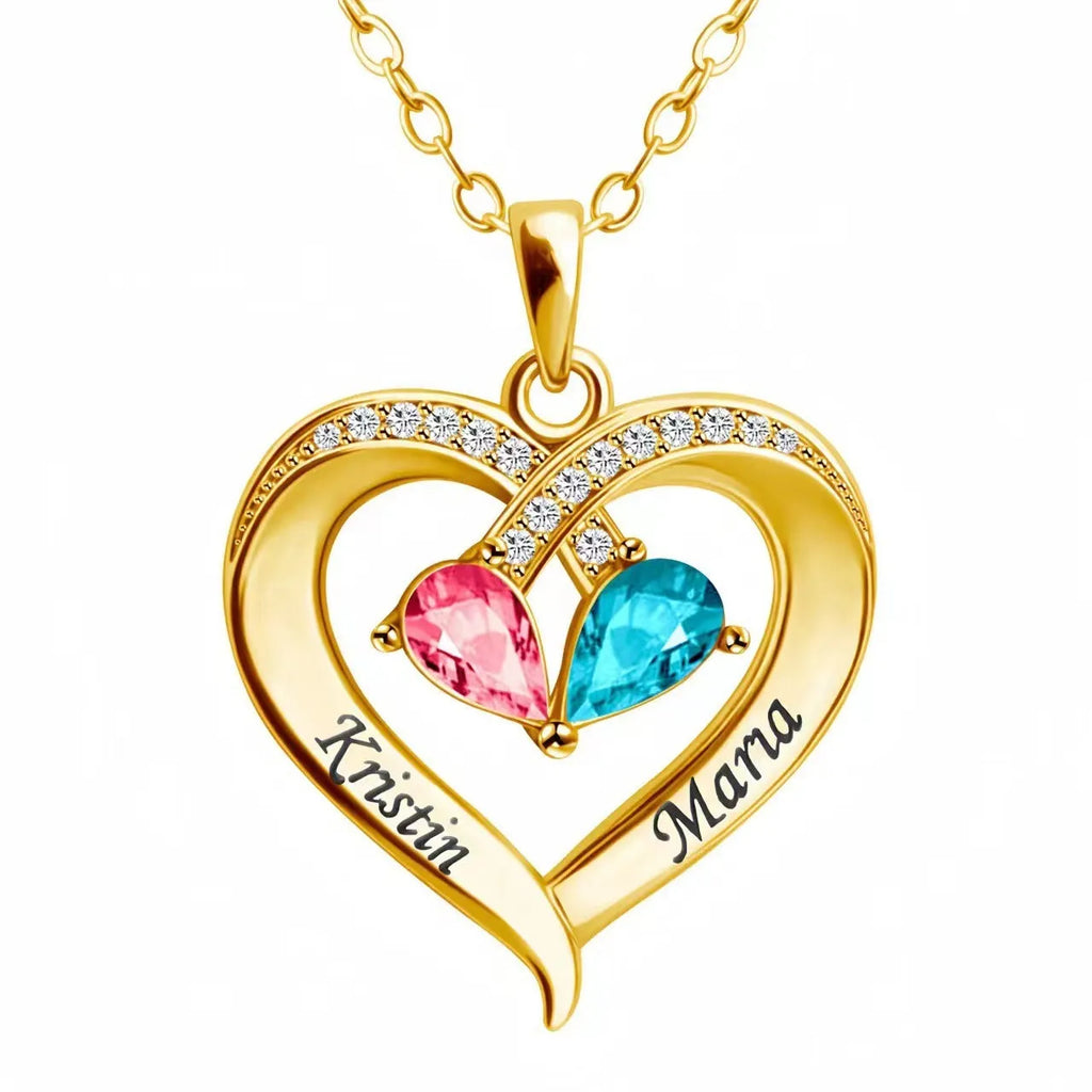 Two-colour water drop heart pendant necklace with birthstones and diamond accents on copper chain