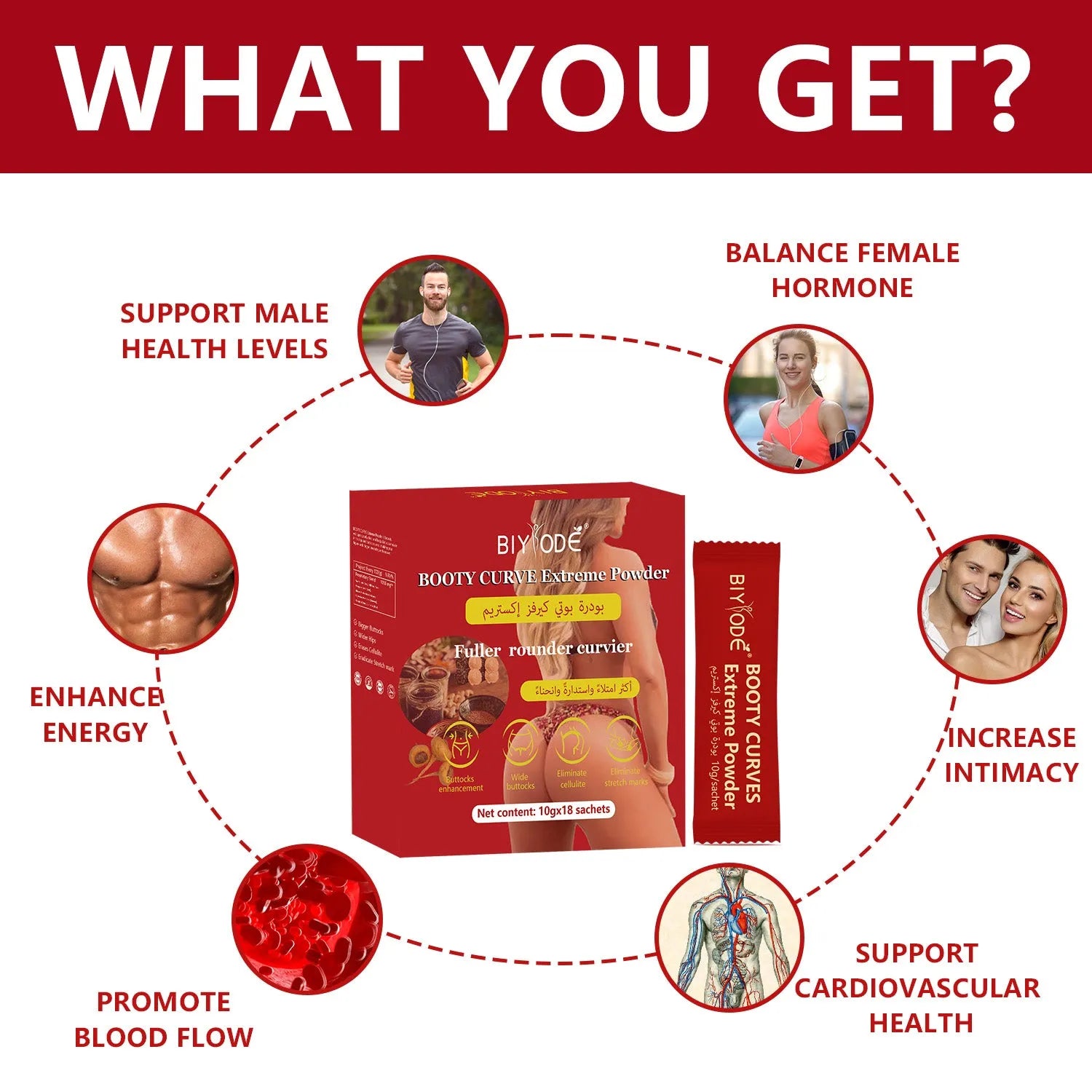 Box of Booty Curve Extreme Powder herbal supplement coffee with 18 sachets and certifications