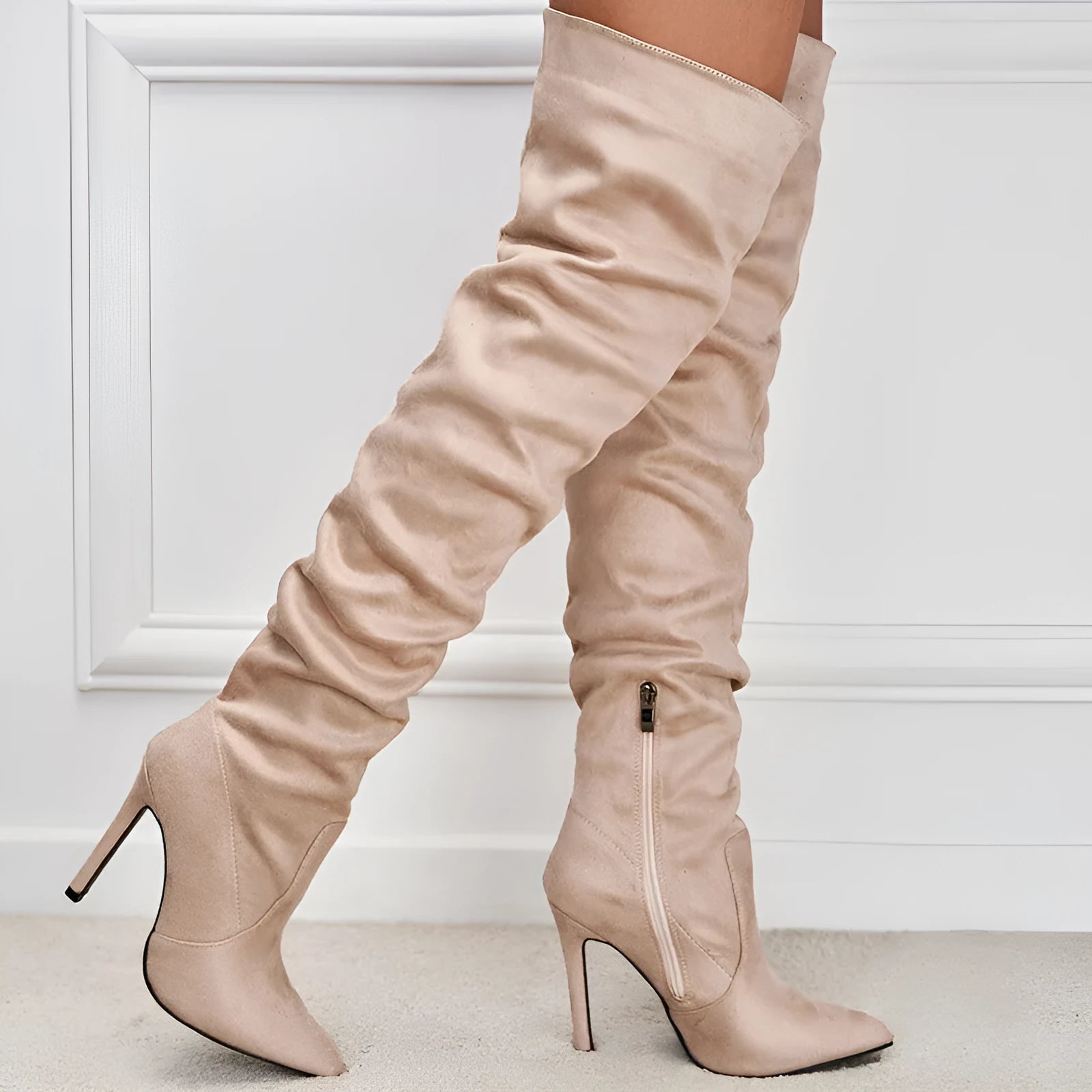 Women's pointed toe suede stiletto heel boots with side zipper, available in black, sizes 35-42