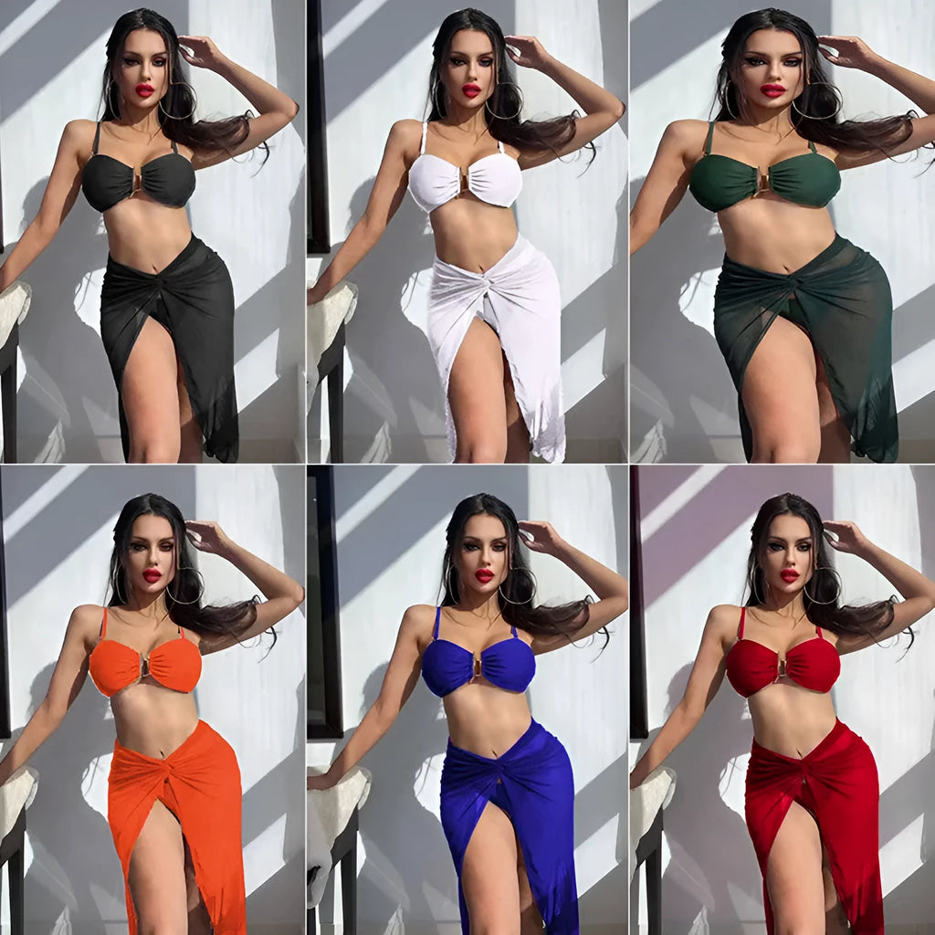 French style multicolour bikini three-piece set with long culottes in polyester swimwear fabric