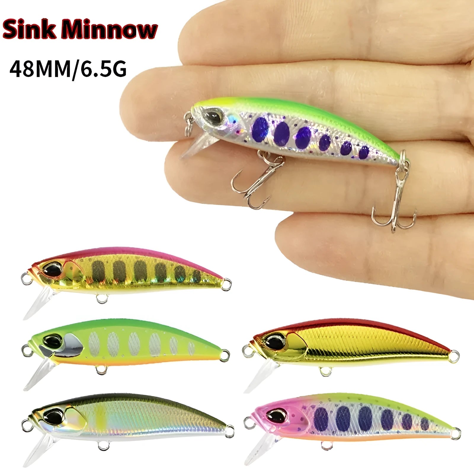 Tossing 48mm long, 6.5g sinking hard minnow fishing lure in multiple colour variations.