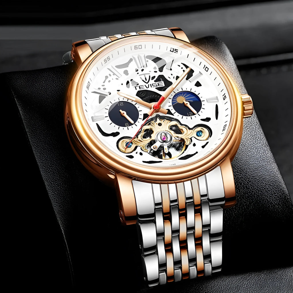Men's black mechanical watch with luminous hands and a waterproof case on a leather strap.