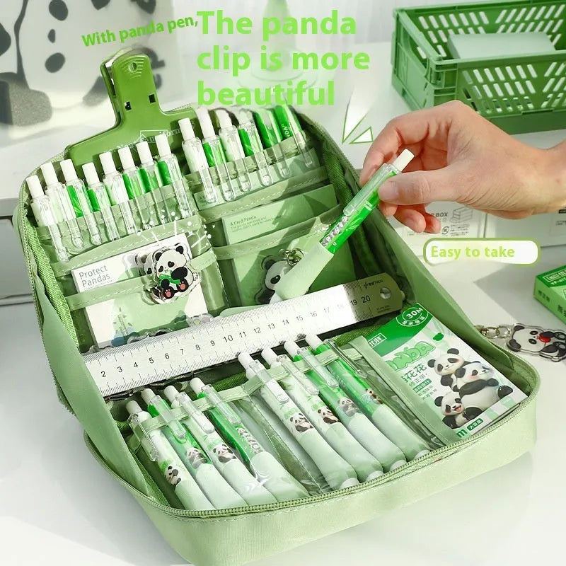 Green panda-themed pencil case with twelve compartments for stationery organisation