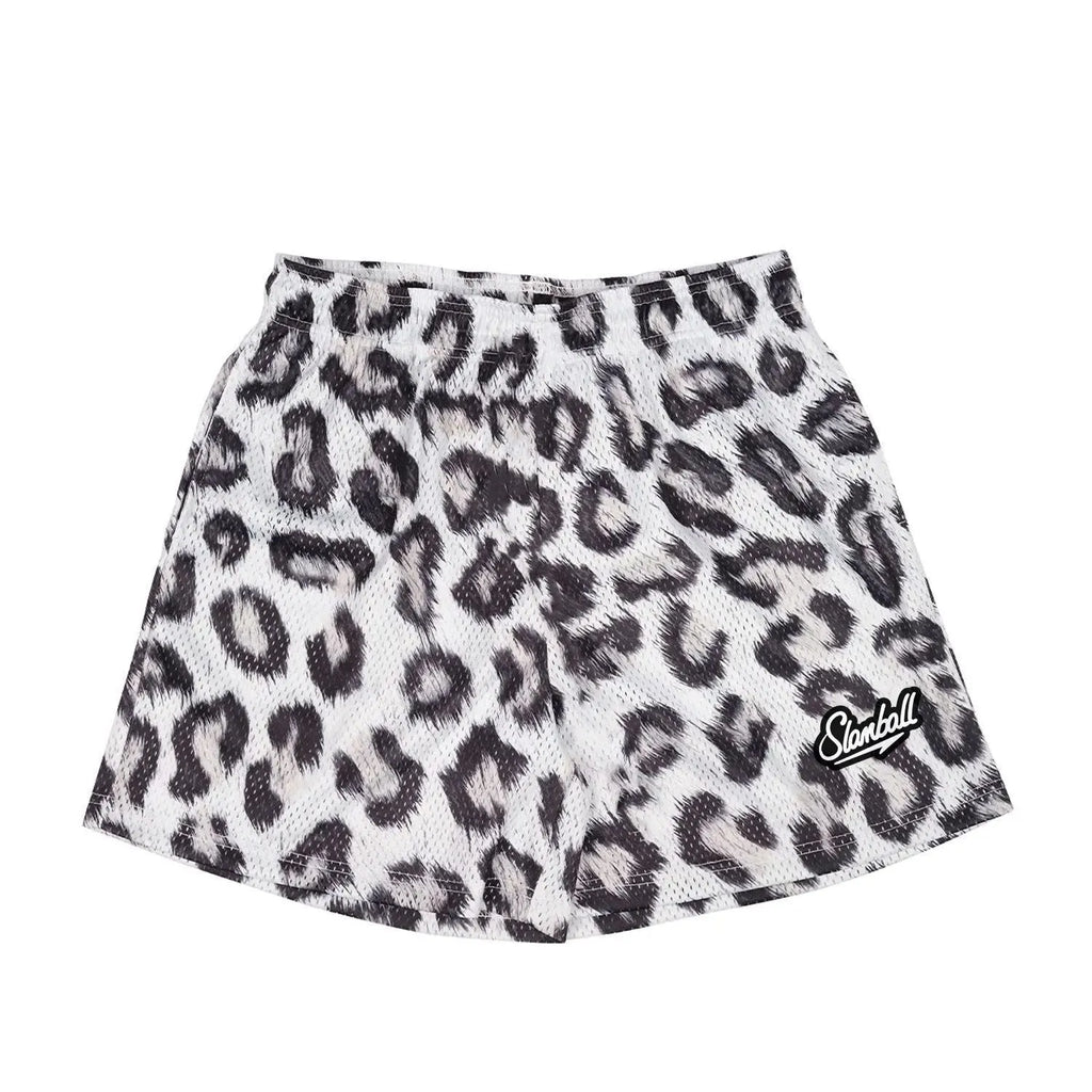 Men's leopard print quick-dry fitness shorts with mid waist and shorts length.