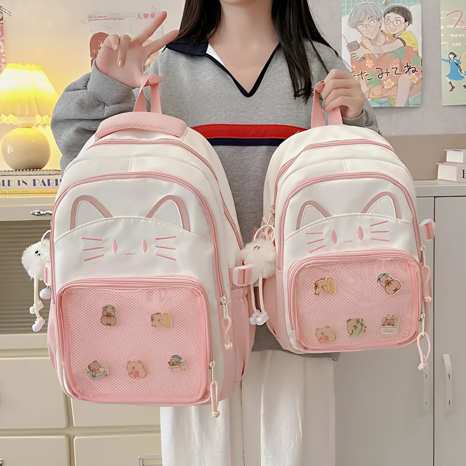 Korean cartoon design backpack with badge pendant in multiple colour options showing large capacity and curved shoulder straps